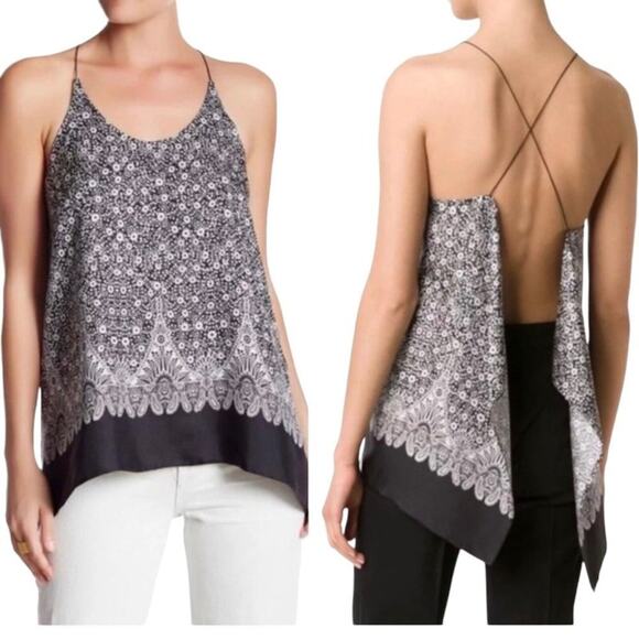 Helmut Lang Tops - HELMUT LANG sz L Silk Backless Tank Top Cross Straps Persian Floral Black White